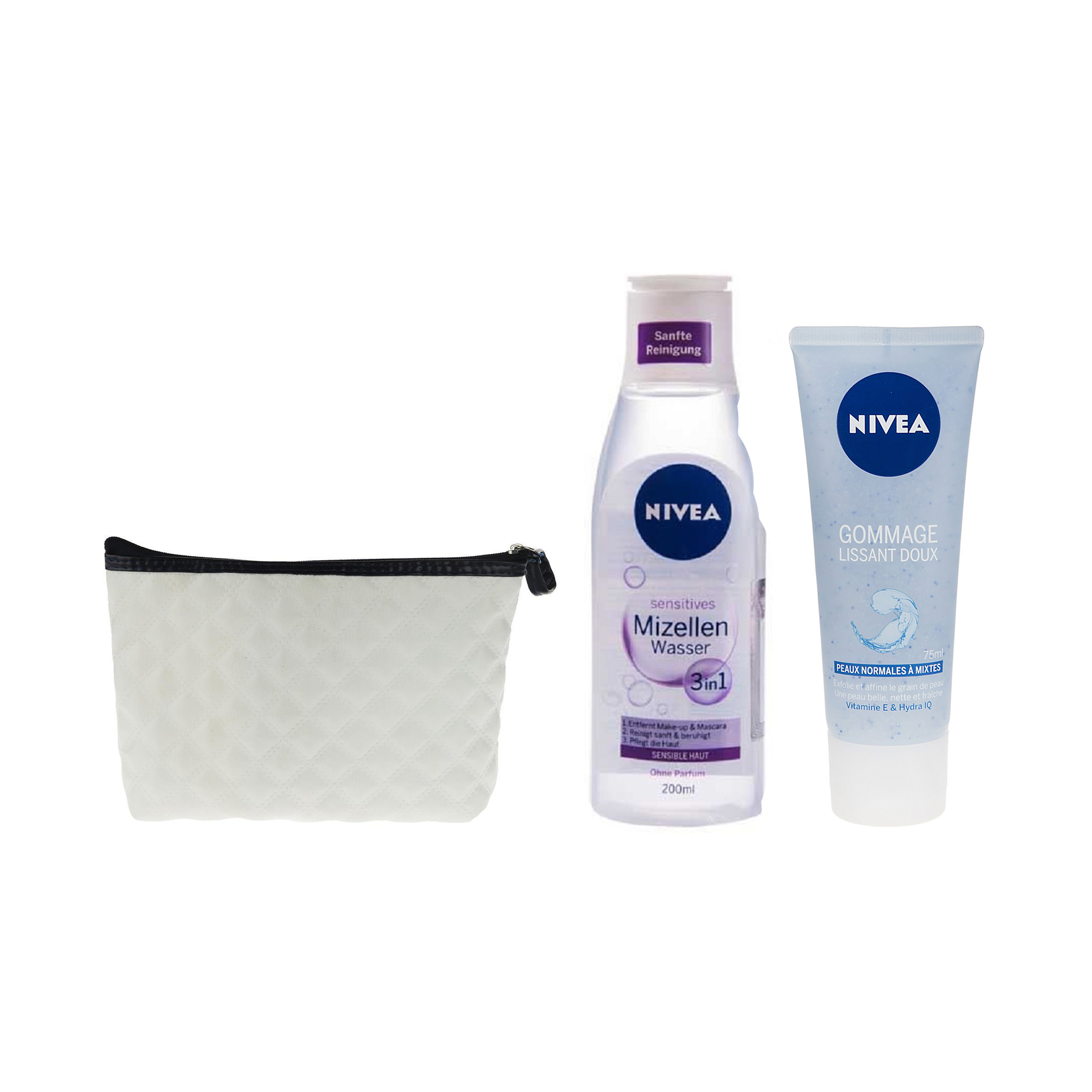 محلول پاک کننده آرایش صورت نیوآ مدل Sensitives 3in1 حجم 200 میلی لیتر به همراه اسکراب لایه بردار مدل Gommage حجم 75 میلی لیتر