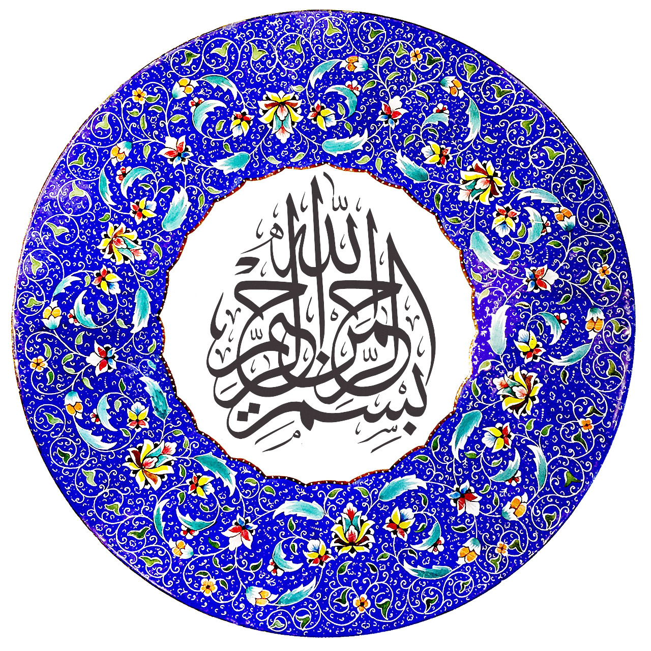 بشقاب میناکاری آسمانی طرح تذهیب و بسم الله مدل B-KH-BES-SOLS-4