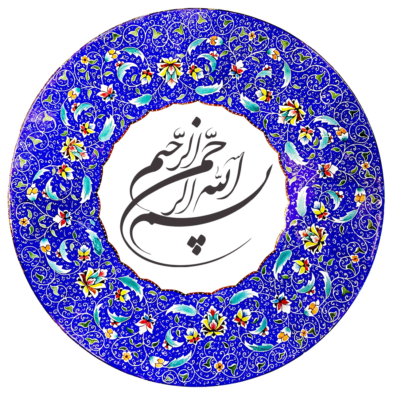 بشقاب میناکاری آسمانی طرح تذهیب و بسم الله مدل B-KH-BES-SHKST-1