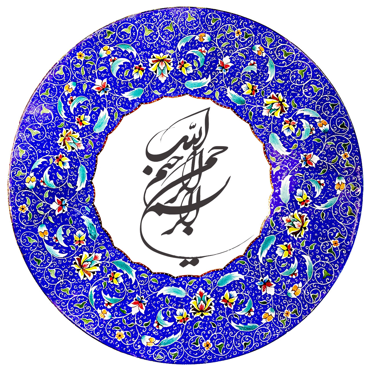 بشقاب میناکاری آسمانی طرح تذهیب و بسم الله مدل B-KH-BES-SHKST-2