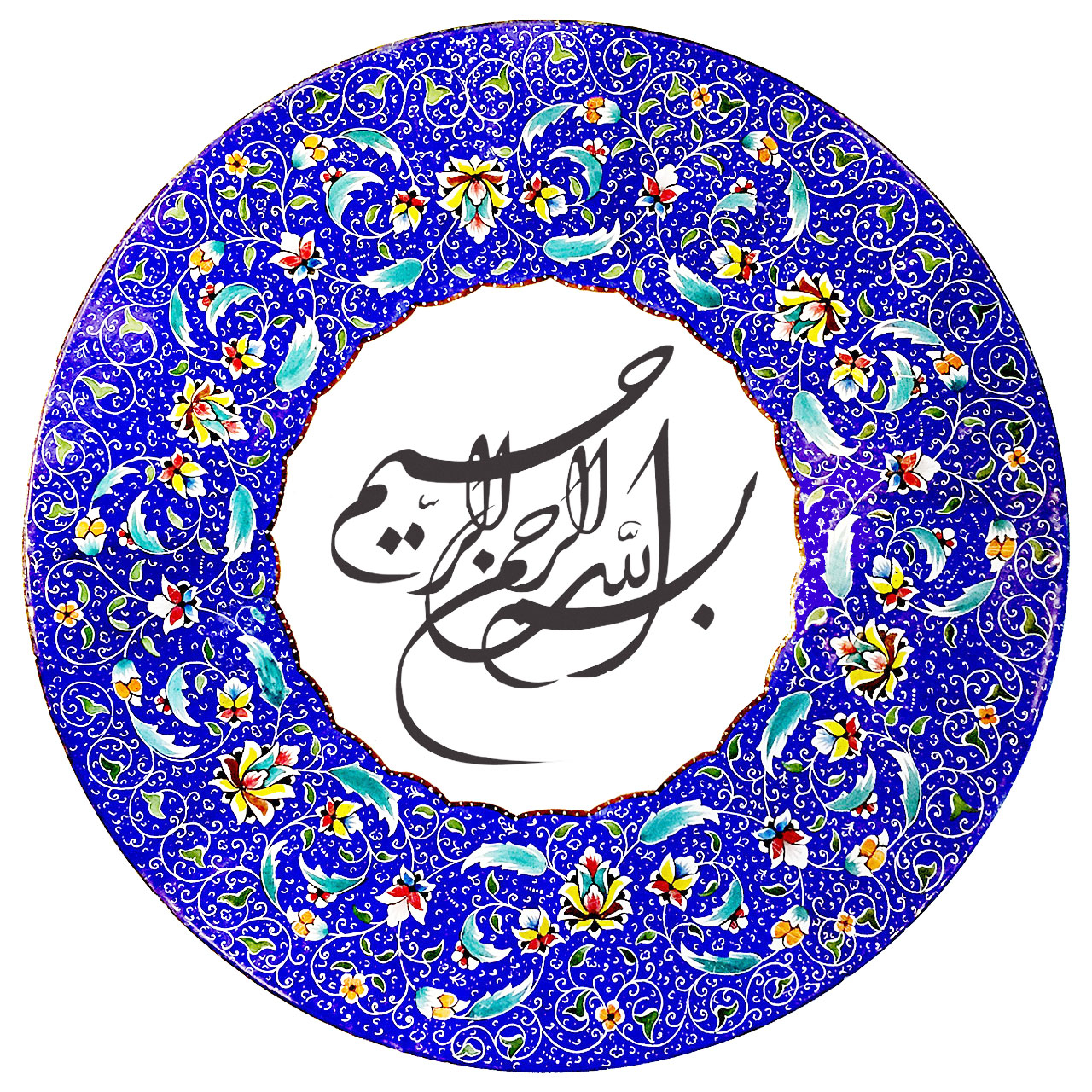 بشقاب میناکاری آسمانی طرح تذهیب و بسم الله مدل B-KH-BES-SHKST-3