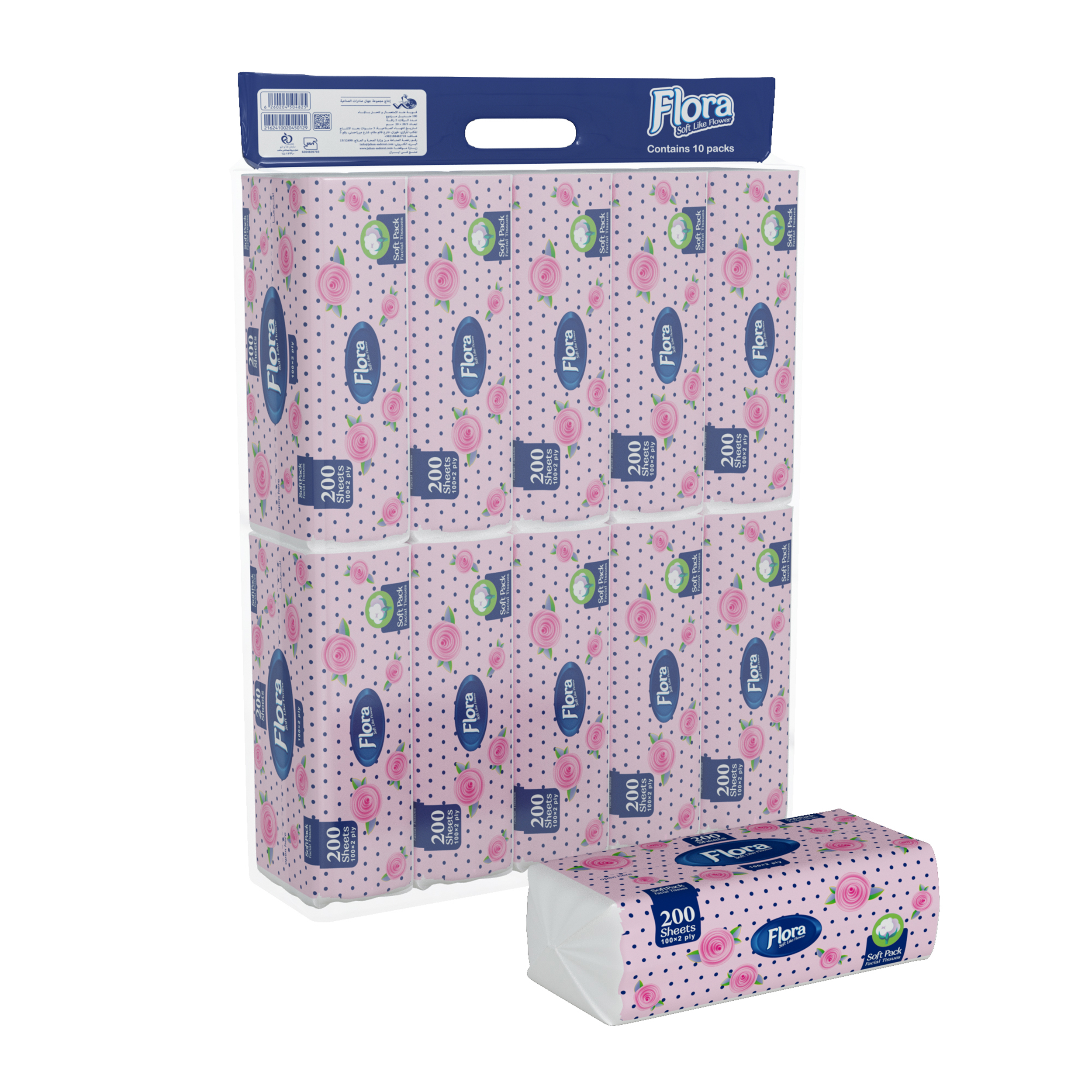 دستمال کاغذی 100 برگ فلورا مدل Soft Pack بسته 10 عددی