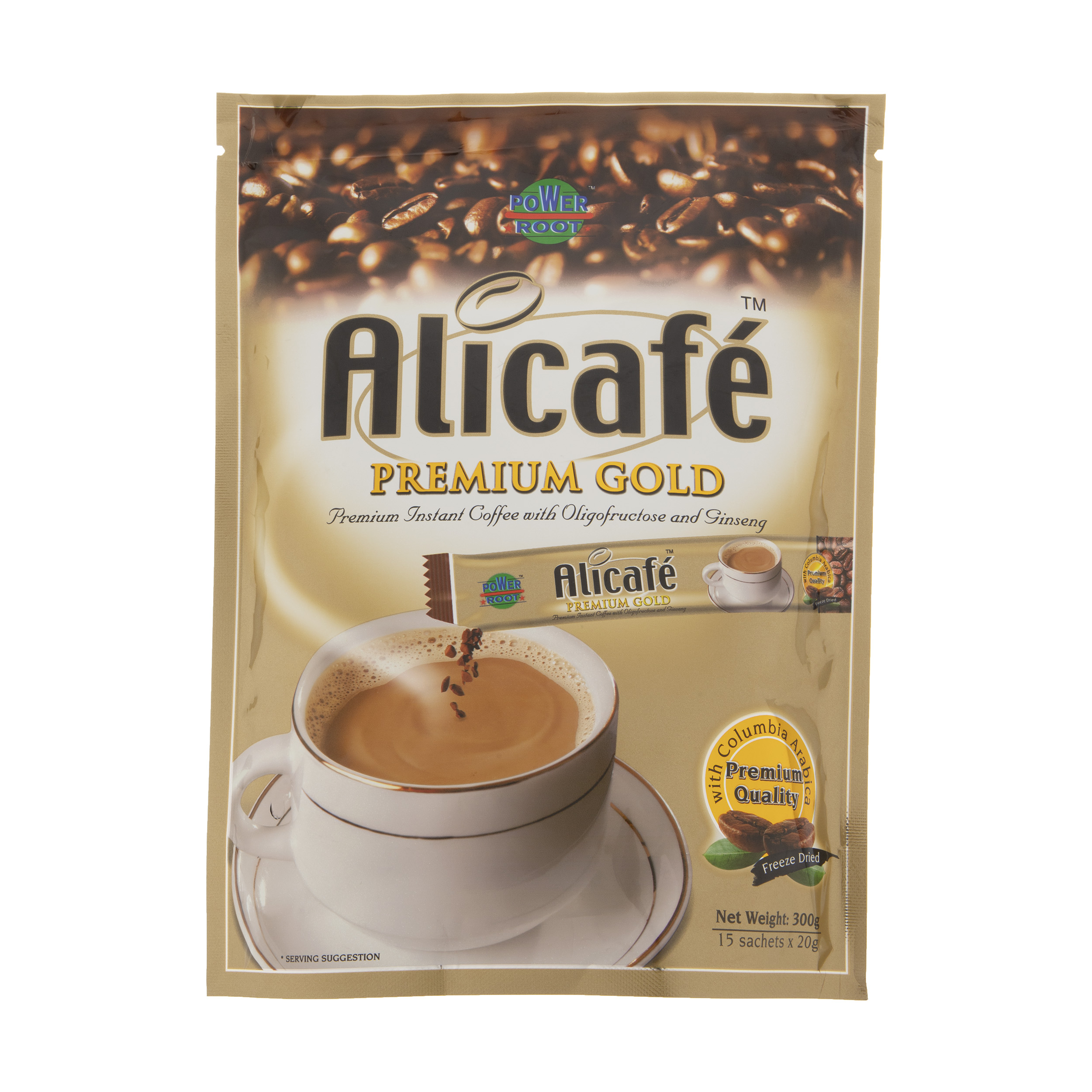 قهوه فوری علی کافه مدل Premium Gold با فروکتوز و جنسینگ بسته 15 عددی