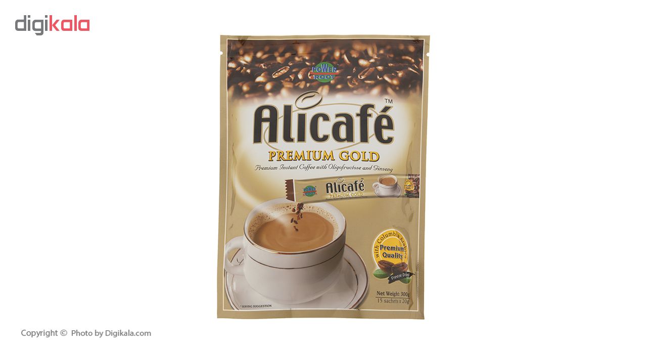 قهوه فوری علی کافه مدل Premium Gold با فروکتوز و جنسینگ بسته 15 عددی