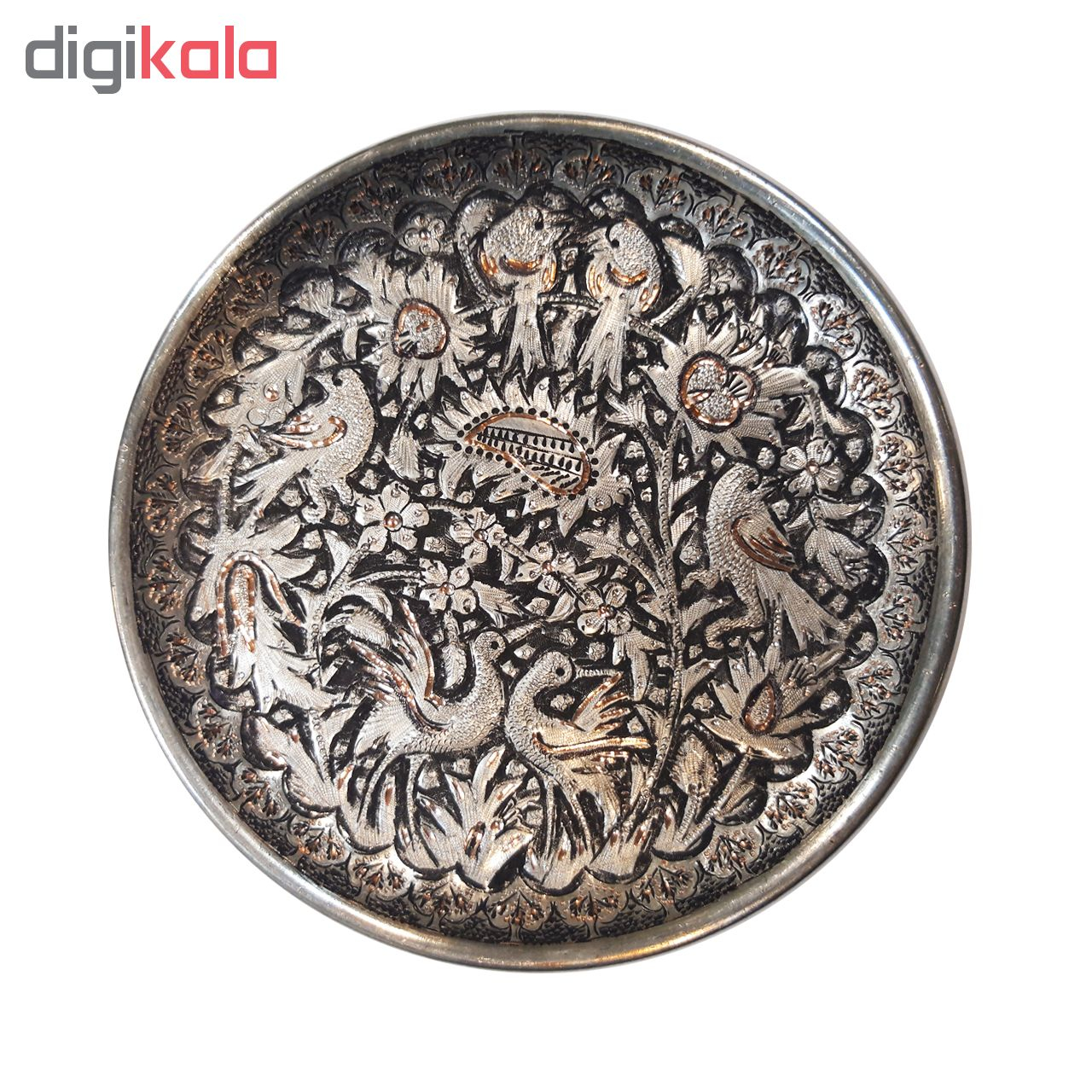 بشقاب قلمزنی مسی طرح گل و مرغ مدل 003