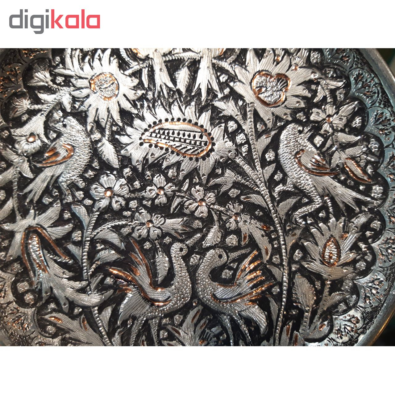 بشقاب قلمزنی مسی طرح گل و مرغ مدل 003