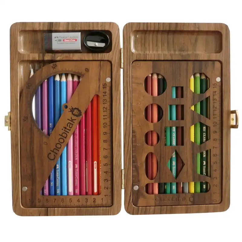 بسته لوازم التحریر چوبی تک مدل 1398 مجموعه 29 عددی