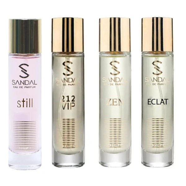 عطر جیبی زنانه صندل مدل ذن-اکلت-چنیفر-212 با رایحه شیرین حجم 25 میلی‌لیتر مجموعه 4 عددی