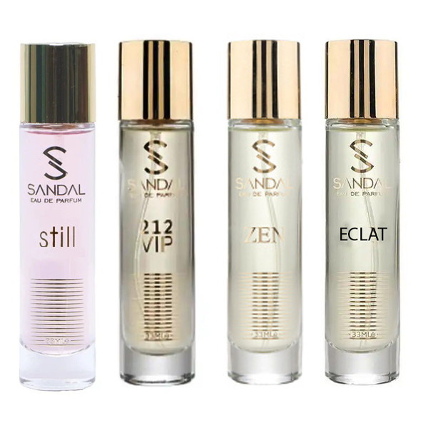 عطر جیبی زنانه صندل مدل ذن-اکلت-چنیفر-212 با رایحه شیرین حجم 25 میلی‌لیتر مجموعه 4 عددی