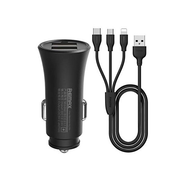 شارژر فندکی ریمکس مدل RCC217 به همراه کابل تبدیل USB-C/microUSB/لایتنینگ