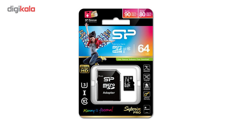 کارت حافظه microSDXC سیلیکون پاور مدل Superior Pro کلاس 10 استاندارد UHS-I U3 سرعت 90MBps همراه با آداپتور SD ظرفیت 64 گیگابایت