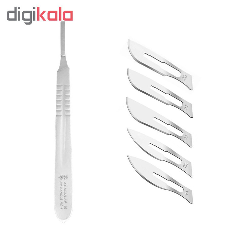 دسته تیغ جراحی اسکولاپ مدل RQ77 به همراه تیغ استریل کیاتو مدل SKJ0069 مجموعه 5 عددی