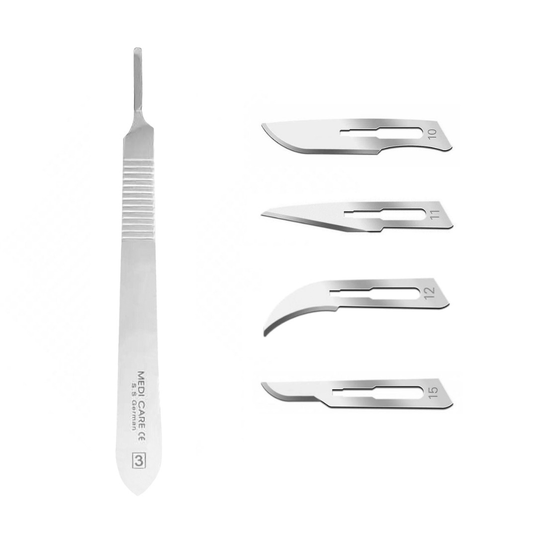  دسته تیغ جراحی مدی کر مدل RQ88 به همراه تیغ استریل کیاتو مدل SKJZ0069 مجموعه 4 عددی