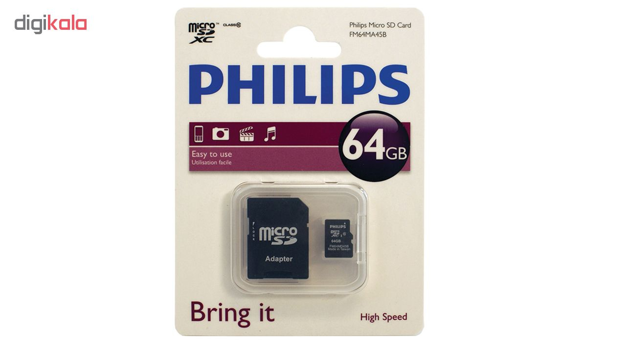 کارت حافظه microSDXC فیلیپس مدل FM64MA45B کلاس 10 ظرفیت 64گیگابایت به همراه آداپتور SD