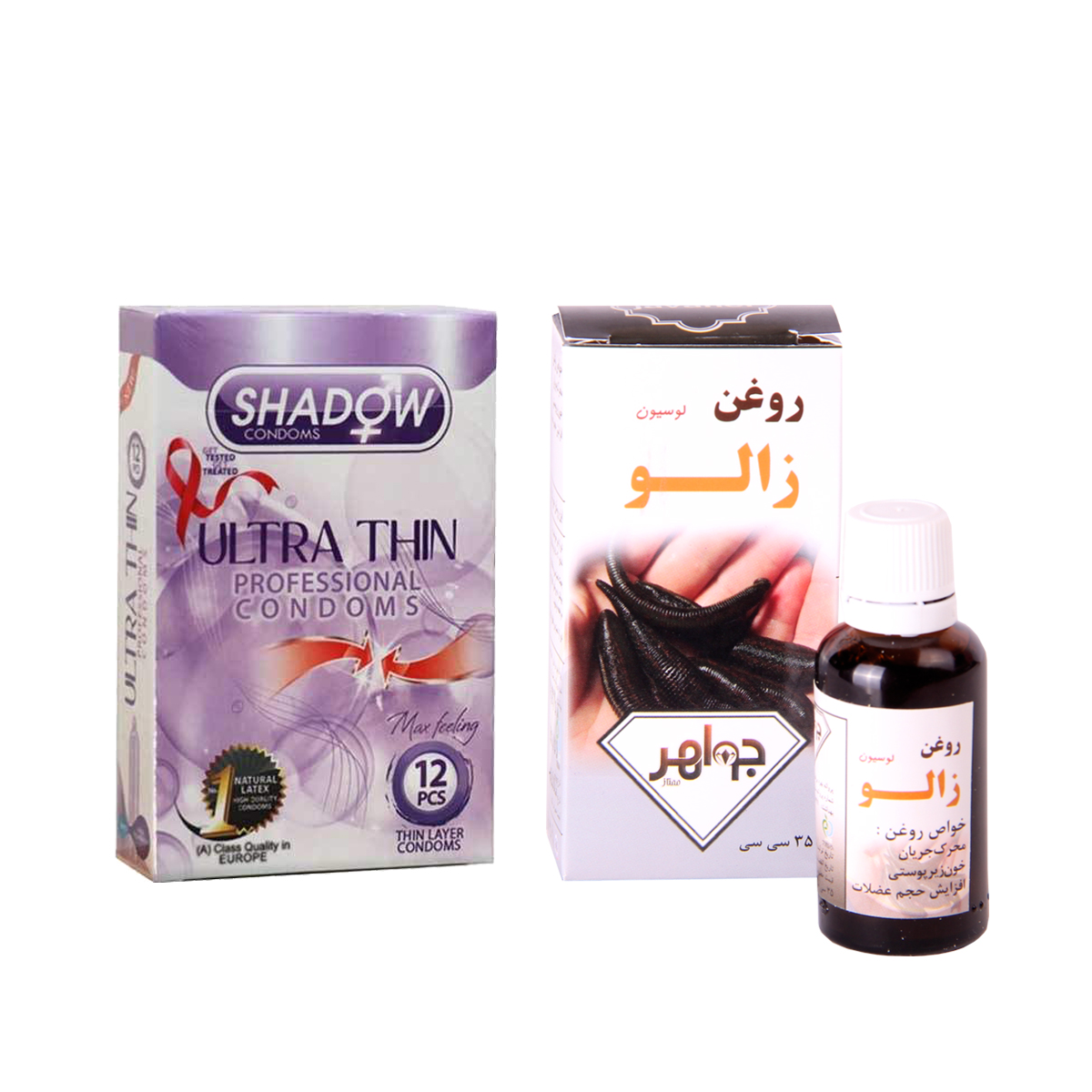 روغن زالو جواهر کد 25 حجم 35 میلی لیتر به همراه کاندوم شادو مدل ultra thin بسته 12 عددی