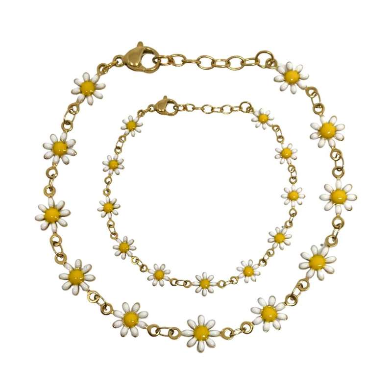 ست دستبند و پابند دست ساز زنانه مدل گل بابونه ست دستبند و پابند دست ساز زنانه مدل گل بابونه