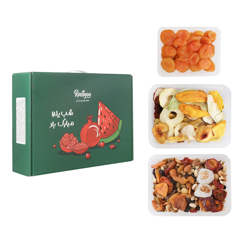 آجیل مخلوط شب یلدا اکبر راستگو - 700 گرم به همراه میوه خشک اکبر راستگو - 250 گرم و زردآلو خشک اکبر راستگو - 500 گرم