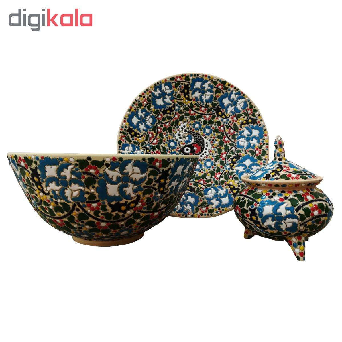 بشقاب و کاسه و قندان مینا کاری سفالی کد 380