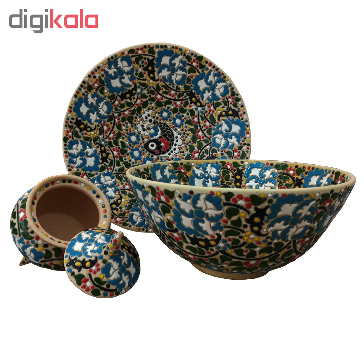 بشقاب و کاسه و قندان مینا کاری سفالی کد 380