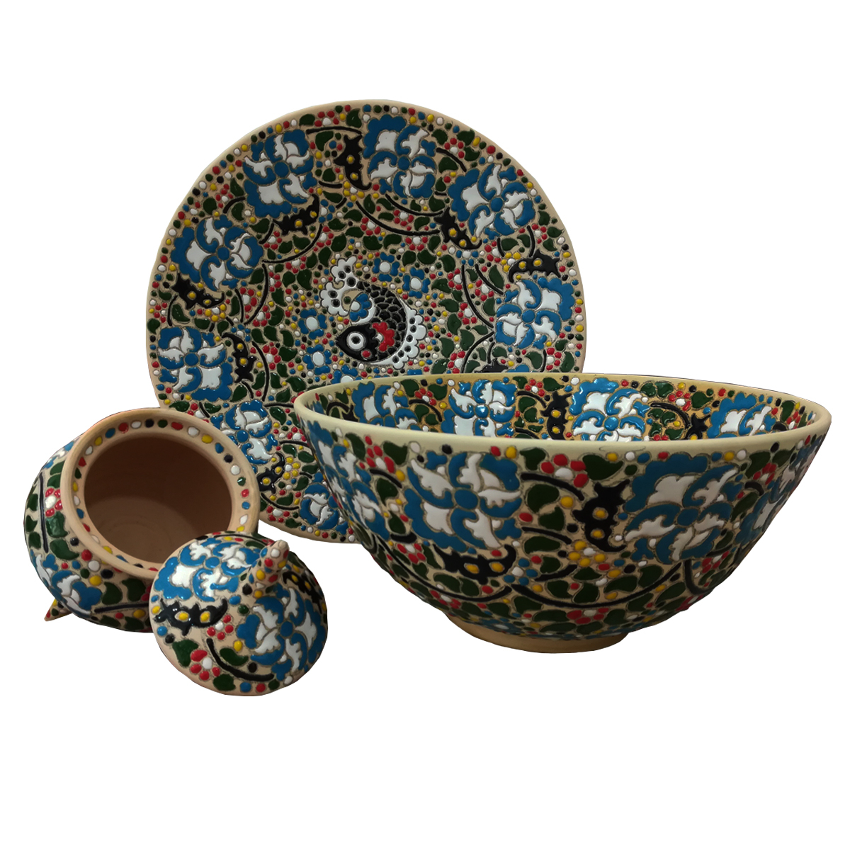 بشقاب و کاسه و قندان مینا کاری سفالی کد 380