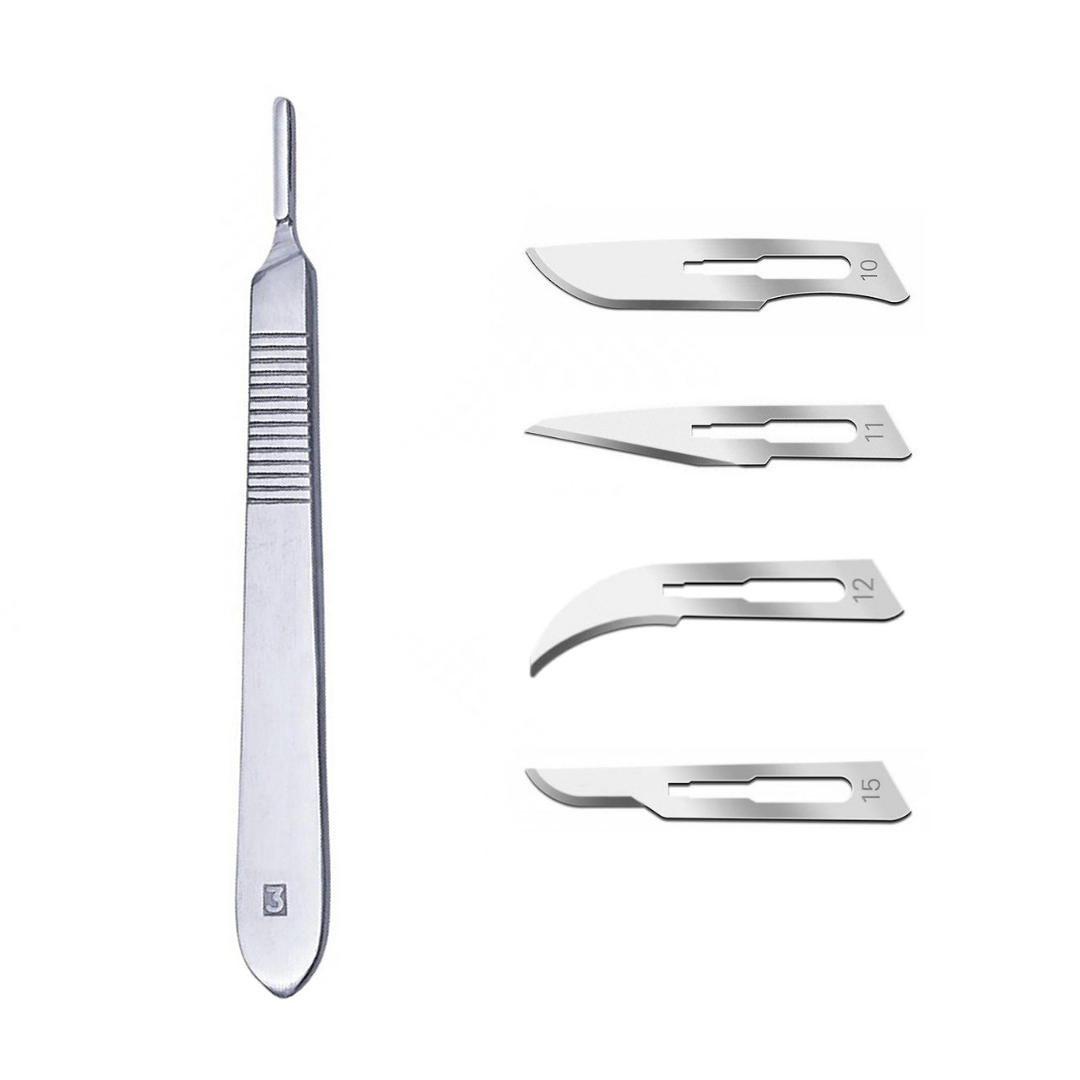 دسته تیغ جراحی شماره 3 مدل FMY01 به همراه تیغ استریل هایکو مدل  SKJ9631 مجموعه 5 عددی