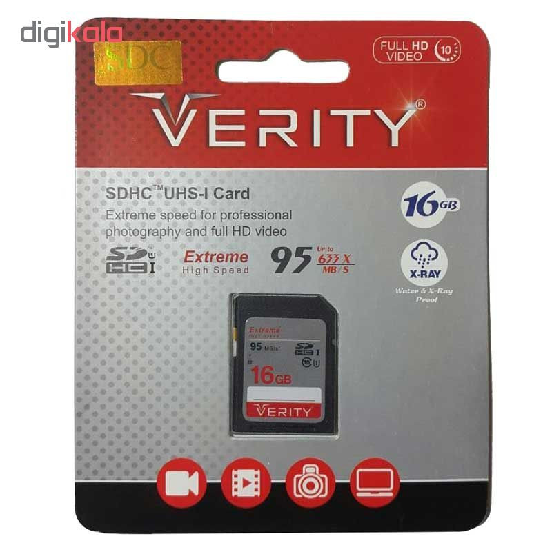 کارت حافظه SDHC وریتی مدل V30 کلاس 10 استاندارد UHS-I سرعت 95MBps ظرفیت 16 گیگابایت