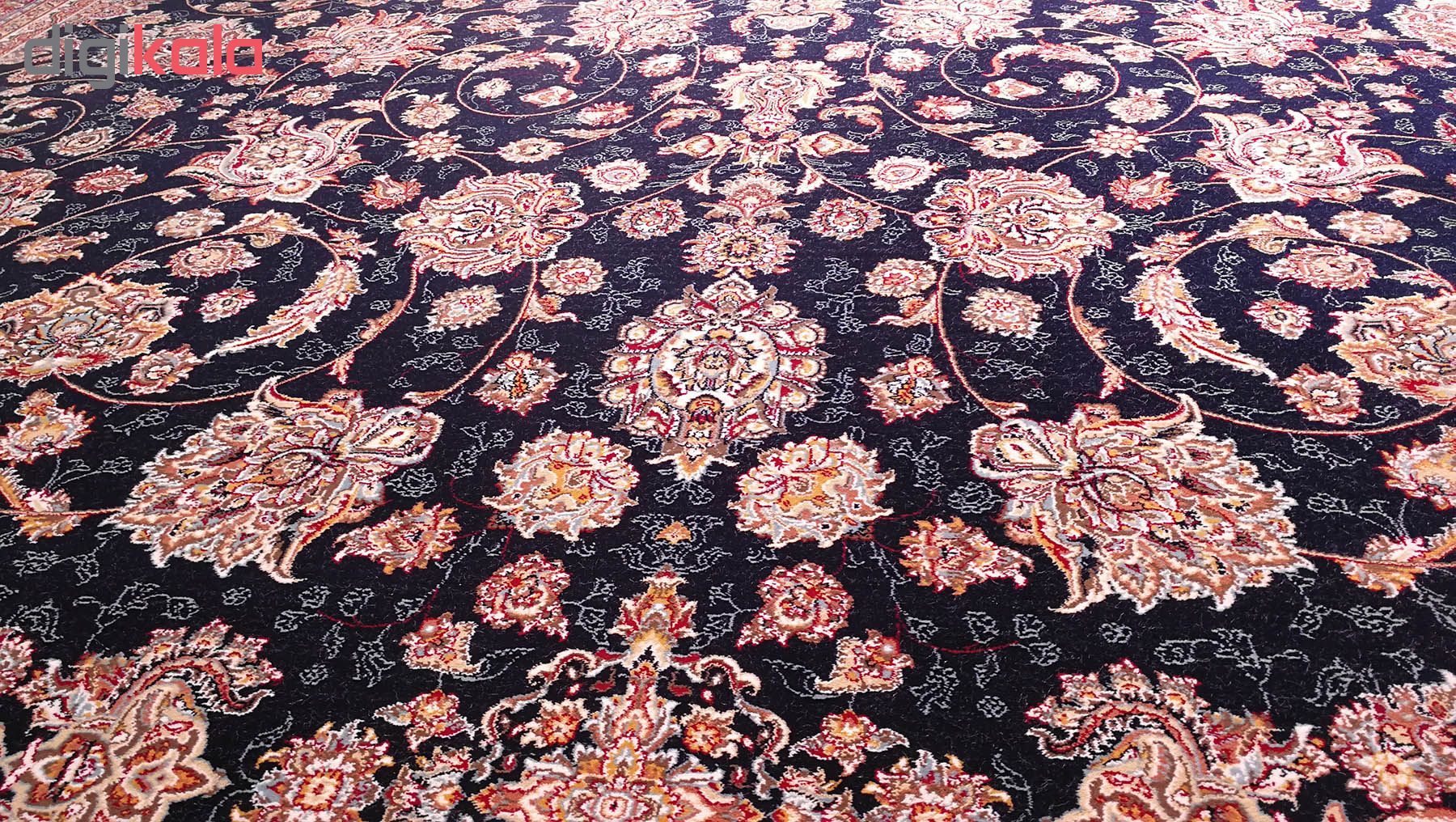 فرش ماشینی زمرد مشهد طرح افشان رنگ مدل گل درشت زمینه سورمه ای