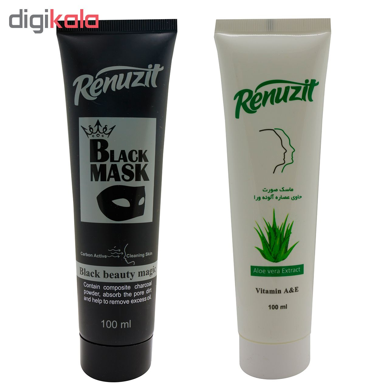 ماسک صورت رینو زیت مدل Black Mask حجم 100 میلی لیتر به همراه ماسک صورت مدل آلوئه ورا حجم 100 میلی لیتر