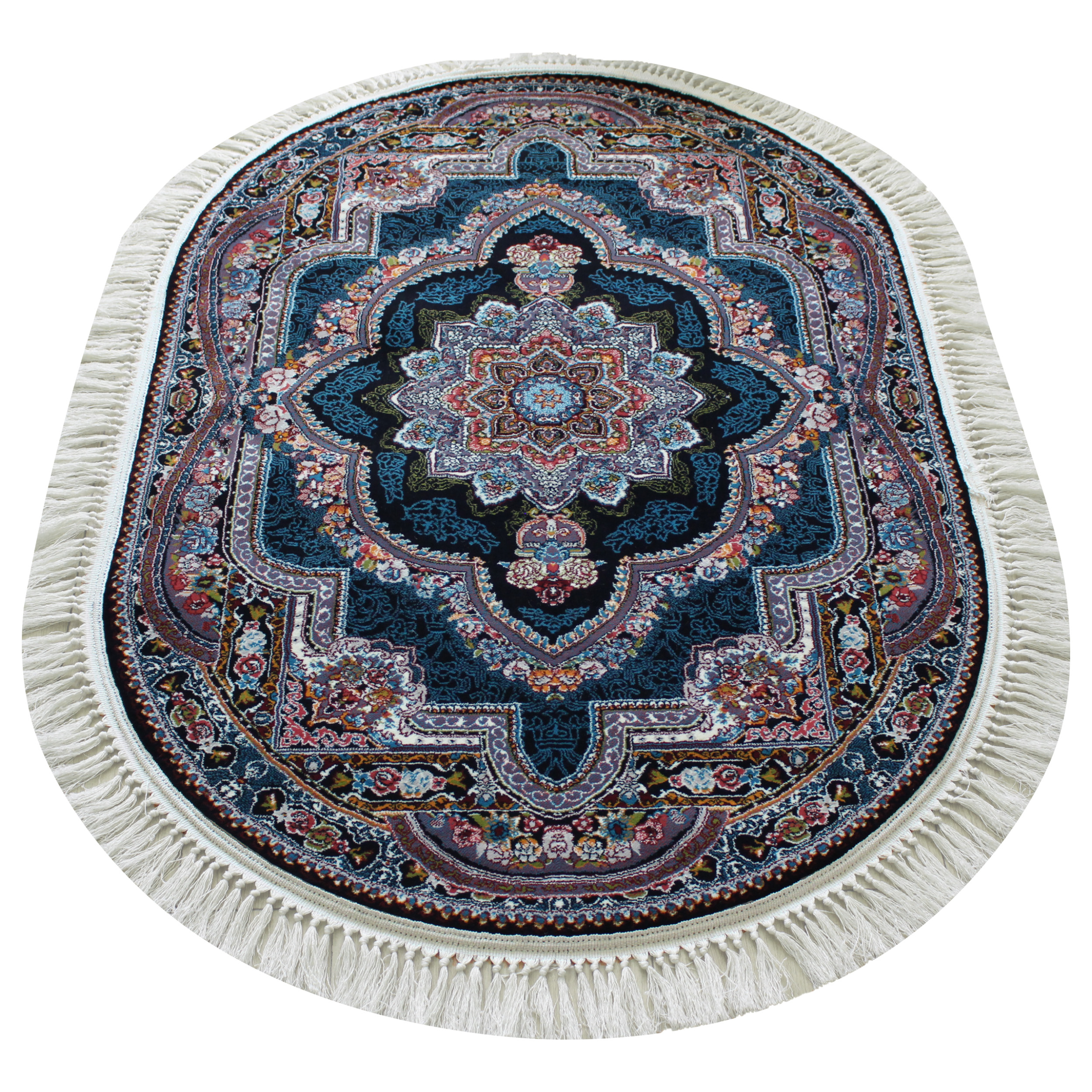 فرش ماشینی مدل بیضی طرح باغ معلق زمینه سرمه ای