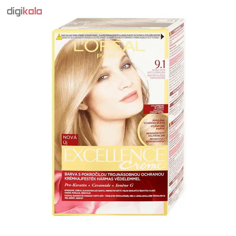 کیت رنگ مو لورآل مدل Excellence شماره 9.1 حجم 48 میلی لیتر رنگ بلوند دودی