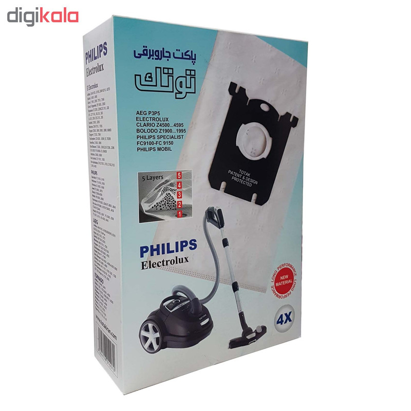 کیسه جاروبرقی توتک مدل 11007 بسته 4 عددی مناسب برای جاروبرقی های فیلیپس و آاگ و الکترولوکس