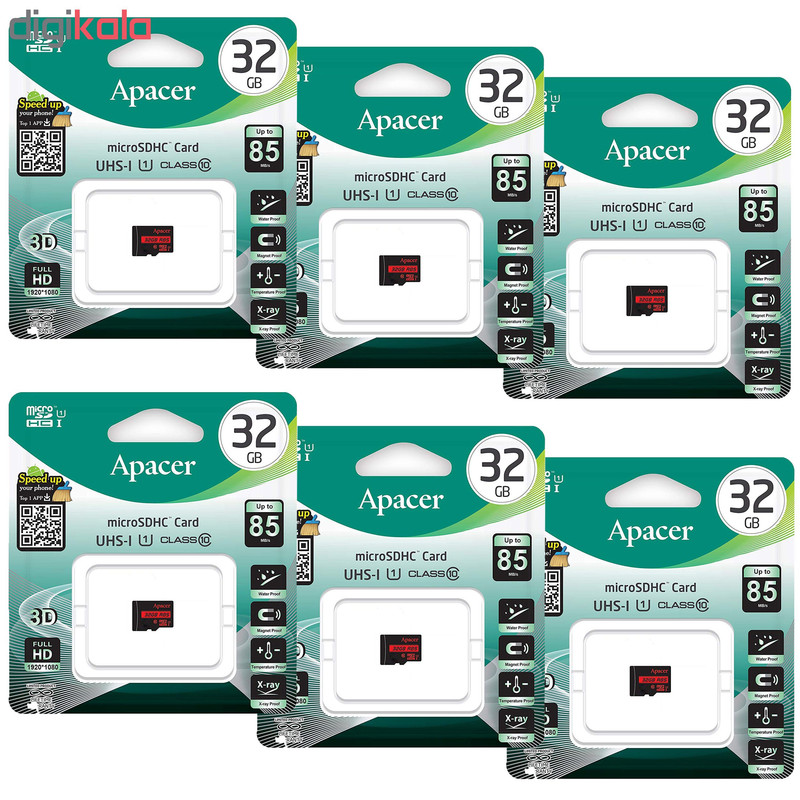 کارت حافظه microSDHC اپیسر مدل AP32G کلاس 10 استاندارد UHS-I U1 سرعت 85MBps ظرفیت 32 گیگابایت بسته 6 عددی