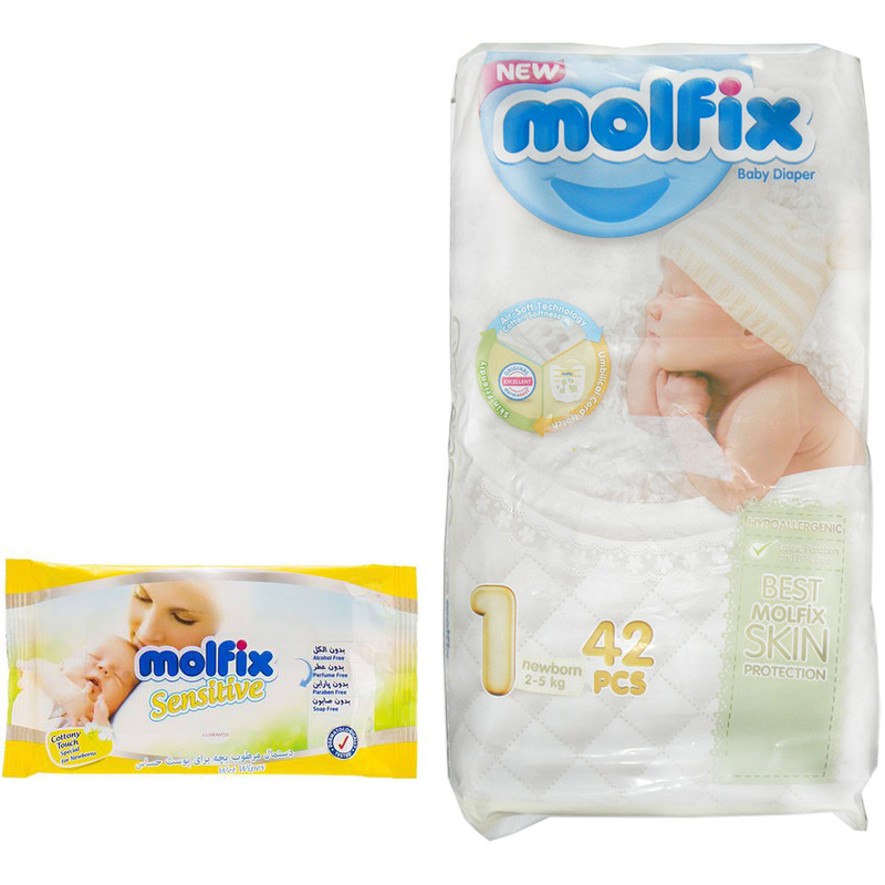 پوشک مولفیکس مدل 3D newborn سایز 1 بسته 42 عددی به همراه دستمال مرطوب