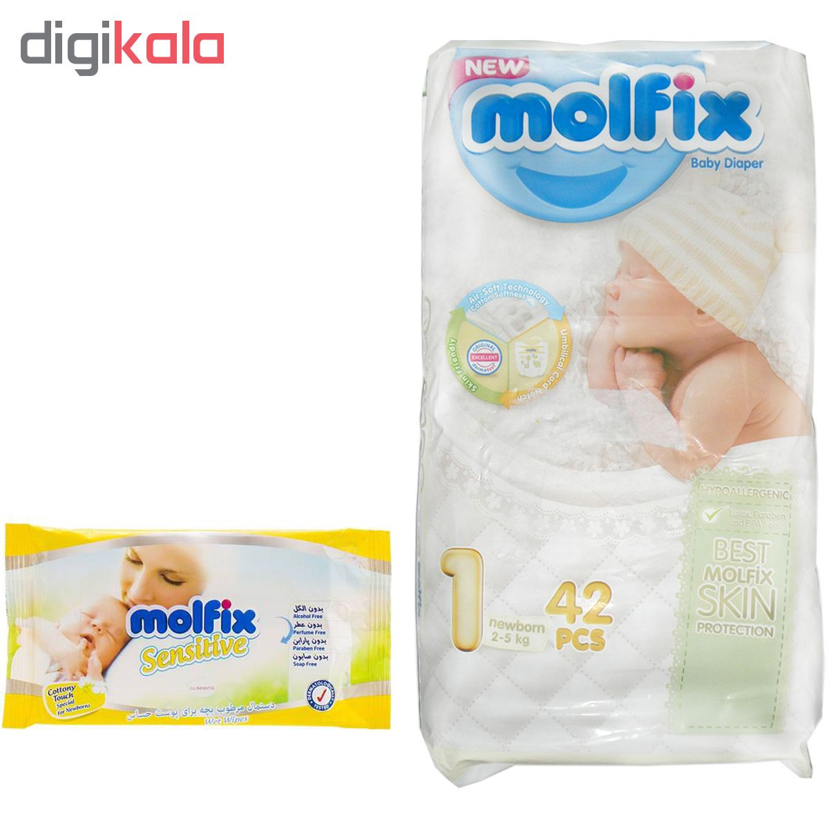 پوشک مولفیکس مدل 3D newborn سایز 1 بسته 42 عددی به همراه دستمال مرطوب
