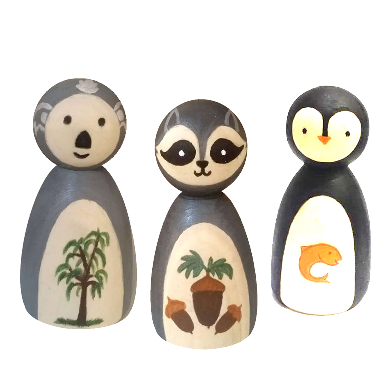 عروسک چوبی طرح پنگوئن و کوالا و راکون کد 03dprk مجموعه 3 عددی