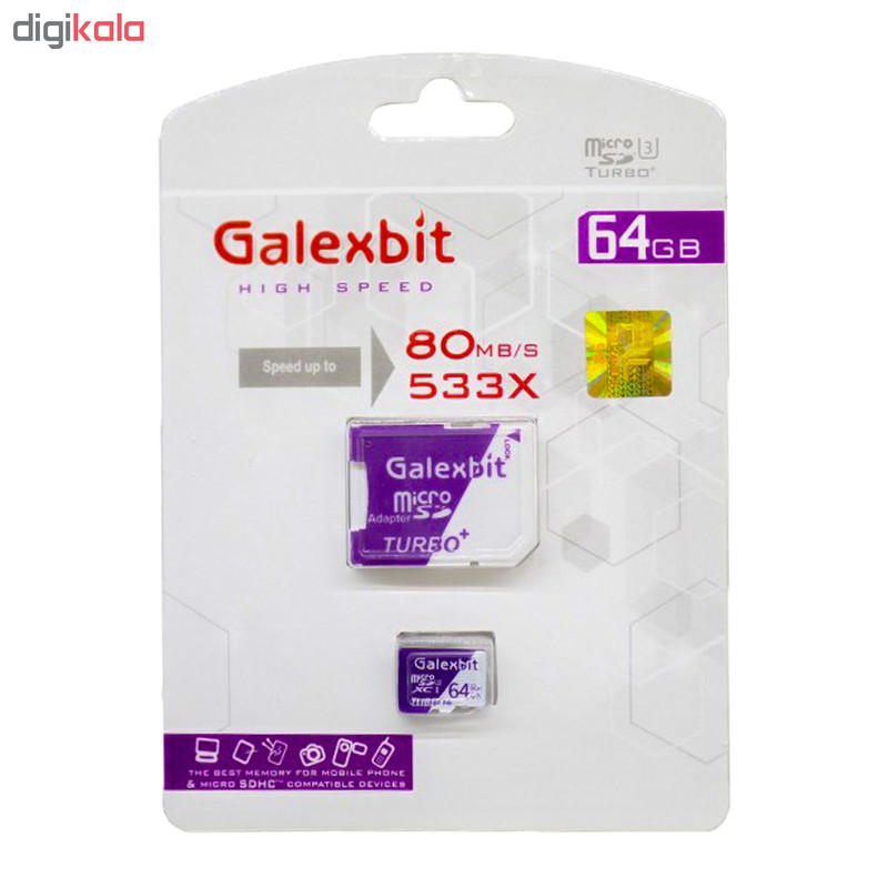 کارت حافظه microSDXC گلکسبیت مدل Turbo+ کلاس 10 استاندارد UHS-I U3 سرعت 80MBps ظرفیت 64 گیگابایت به همراه آداپتور SD