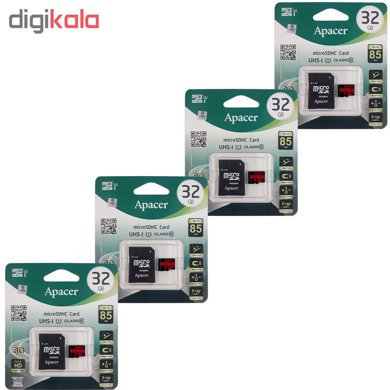 کارت حافظه microSDHC اپیسر مدل AP32G کلاس 10 استاندارد UHS-I U1 سرعت 85MBps ظرفیت 32 گیگابایت به همراه آداپتور SD بسته 4 عددی