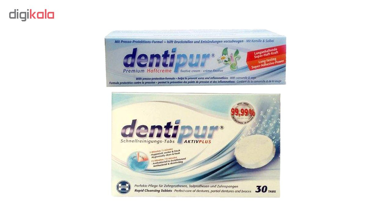 چسب دندان مصنوعی دنتی پور مدل بابونه وزن 40 گرم به همراه قرص تمیز کننده دندان مصنوعی مدل active plus بسته 30 عددی