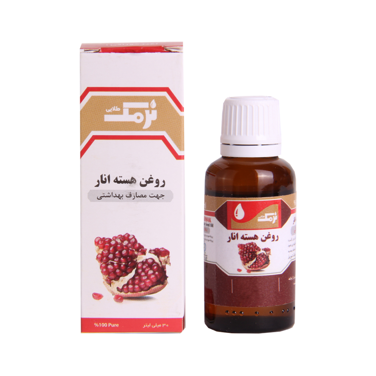 روغن بدن نرمک طلایی مدل هسته انار حجم 30 میلی لیتر