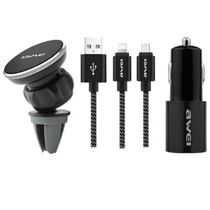 شارژر فندکی اوی مدل X10 به همراه کابل تبدیل لایتنینگ/microUSB و پایه نگهدارنده گوشی موبایل