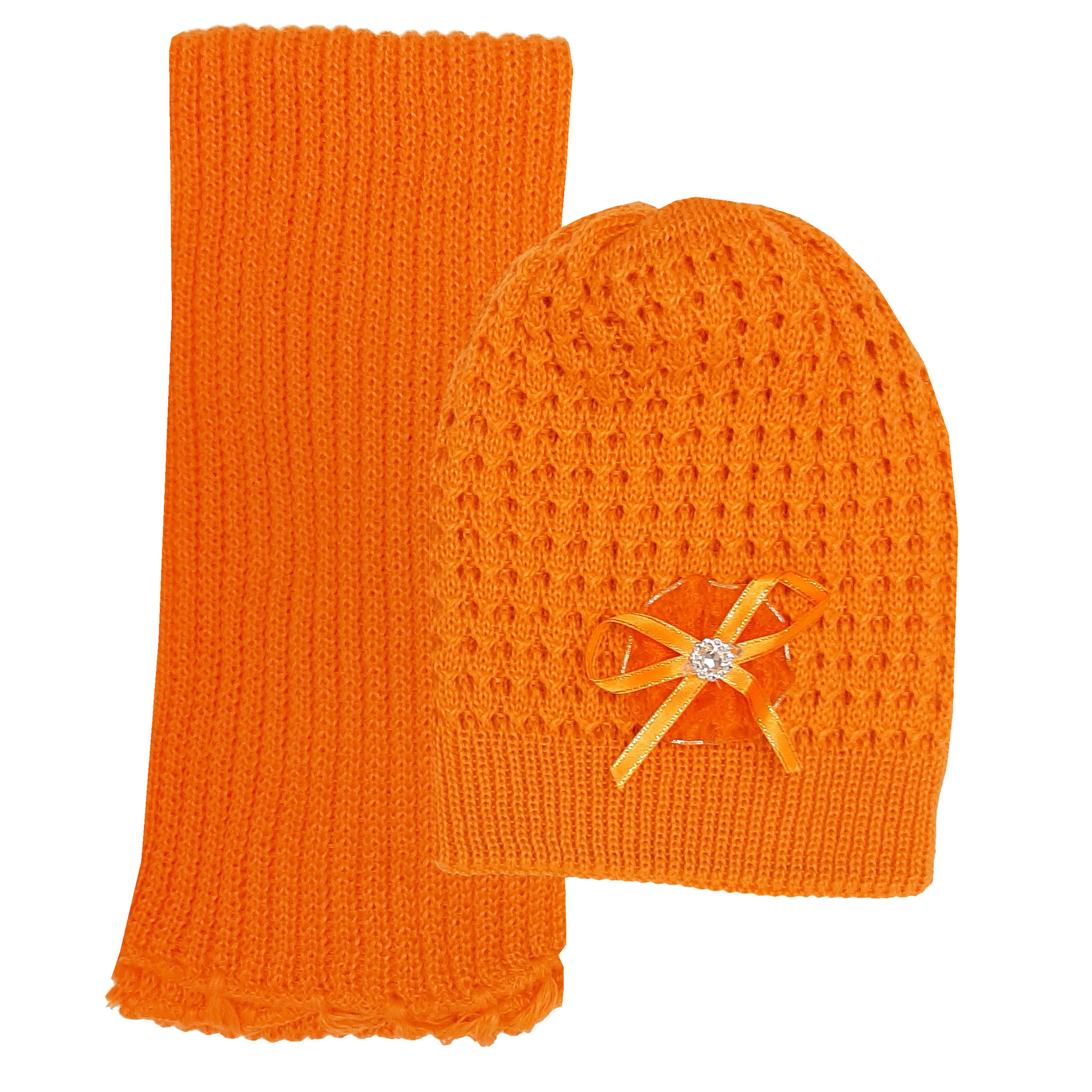 ست کلاه و شال گردن بافتنی دخترانه کد MA11 رنگ نارنجی