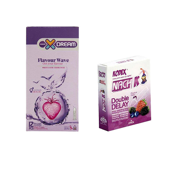 کاندوم ایکس دریم مدل flavour wave بسته 12 عددی به همراه کاندوم ناچ کدکس مدل double delay بسته 3 عددی