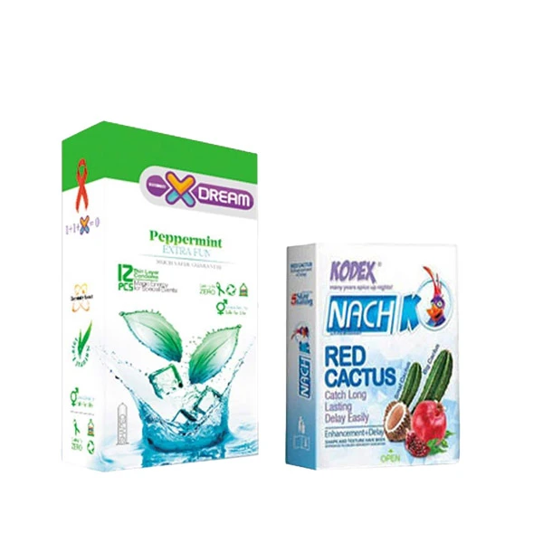 کاندوم ایکس دریم مدل peppermint بسته 12 عددی به همراه کاندوم ناچ کدکس مدل red cactus بسته 3 عددی