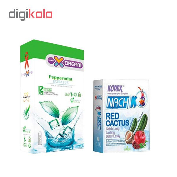 کاندوم ایکس دریم مدل peppermint بسته 12 عددی به همراه کاندوم ناچ کدکس مدل red cactus بسته 3 عددی