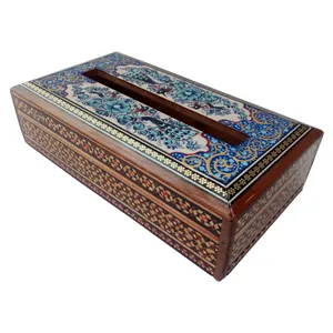 جعبه دستمال کاغذی خاتم کاری طرح گل و مرغ مدل گلسار کد 1140