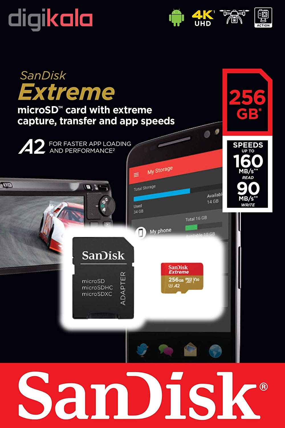 کارت حافظه microSDXC سن دیسک مدل Extreme کلاس A2 استاندارد UHS-I U3 سرعت 160MBps ظرفیت 256 گیگابایت به همراه آداپتور SD