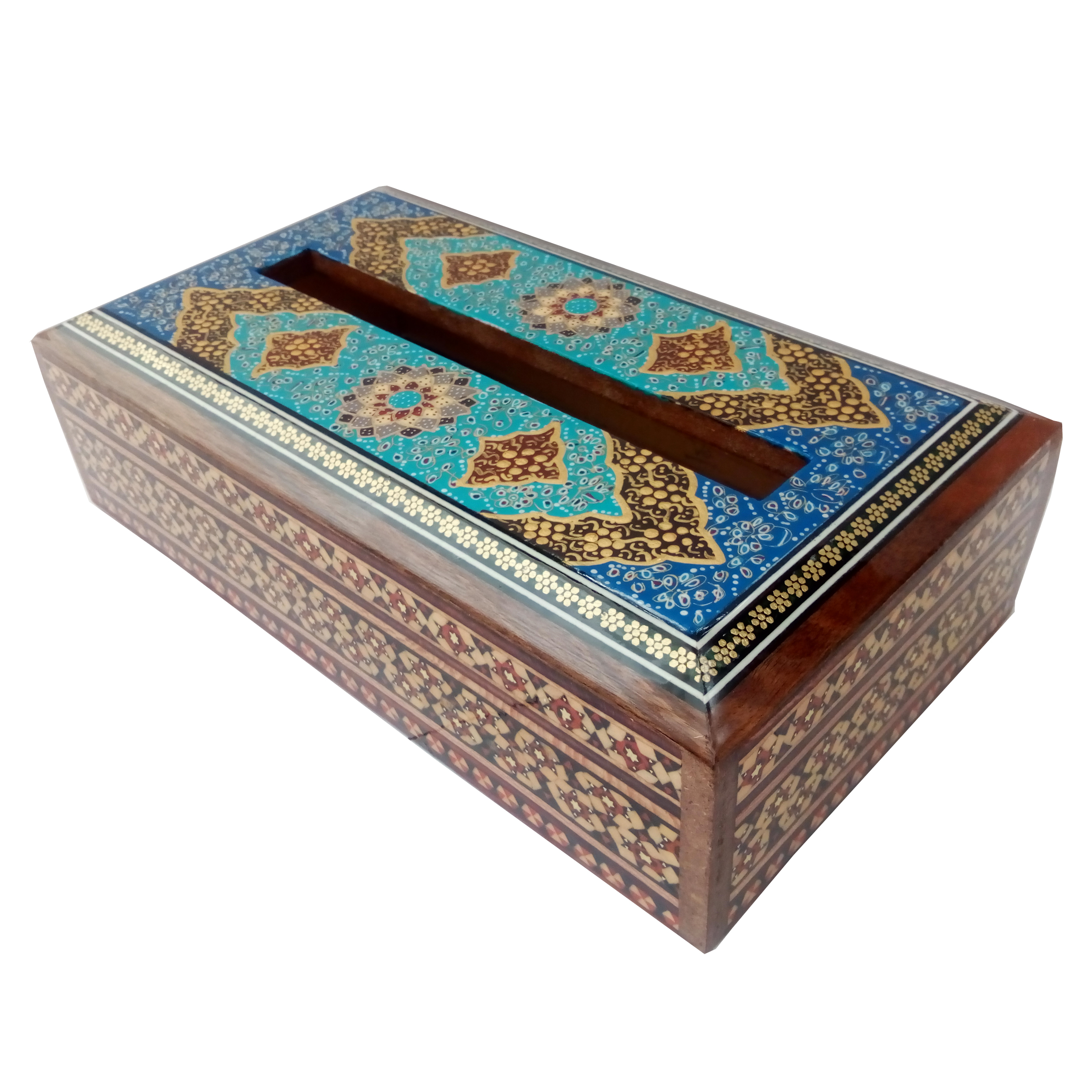 خرید جعبه دستمال کاغذی خاتم کاری طرح تذهیب کد ۱۱۴۰