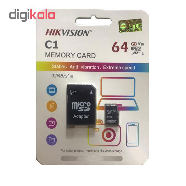 کارت حافظه microSDXC هایک ویژن مدل C1 کلاس 10 استاندارد UHS-I U1 سرعت 92MBps ظرفیت 64 گیگابایت به همراه آداپتور SD
