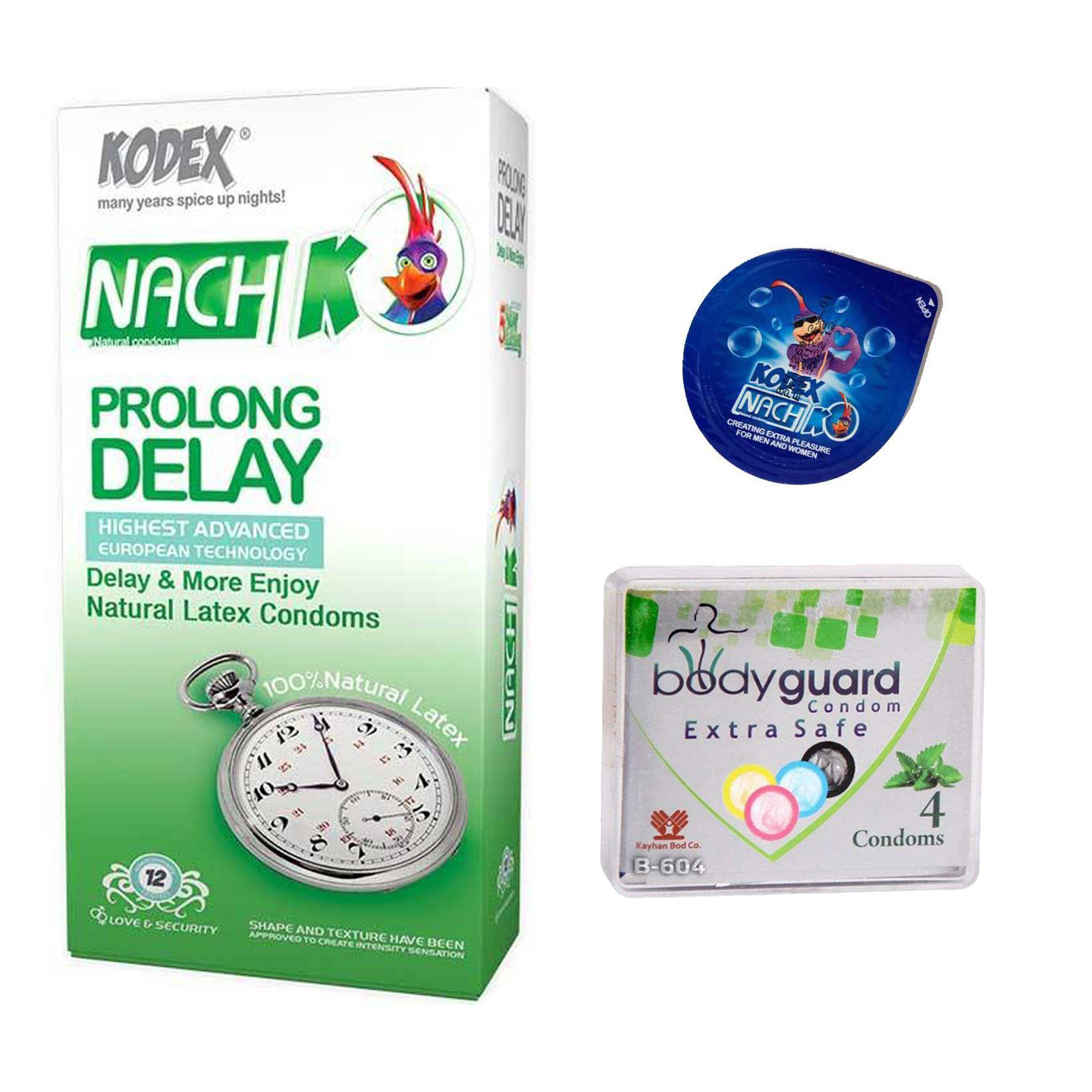 کاندوم ناچ کدکس مدل Prolong Delay بسته 12 عددی  به همراه کاندوم بادی گارد مدل Extra safe بسته 4 عددی و کاندوم ناچ کدکس مدل بلیسر