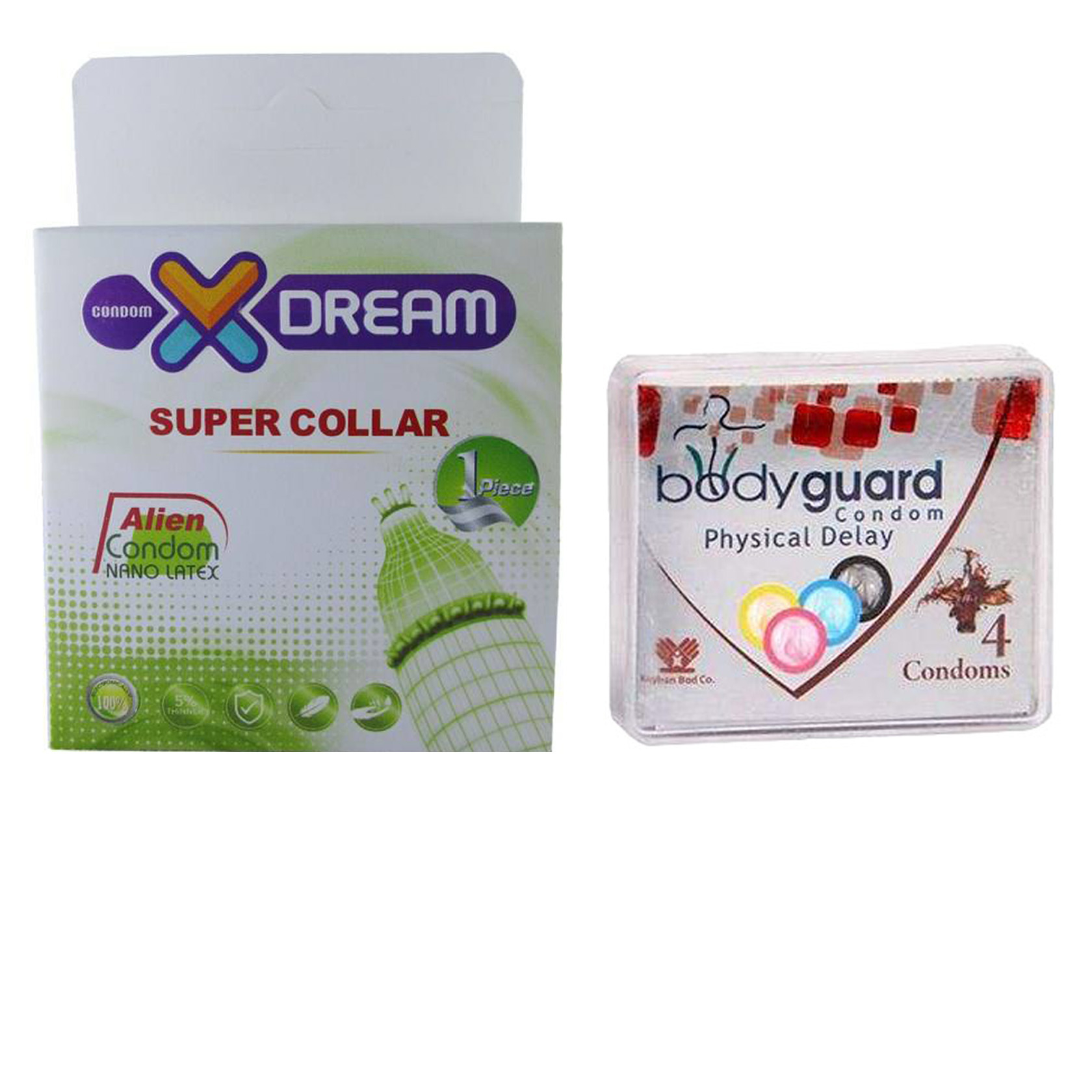 کاندوم ایکس دریم مدل Super Collar به همراه کاندوم بادی گارد مدل اکسترا سیف بسته 4 عددی
